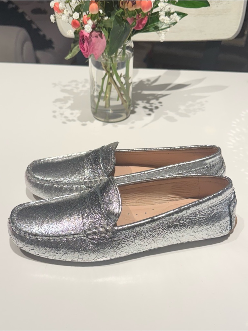 Flag LTD. Women's Morgan Metallic Crinkle Leather Penny Loafer Moccasins.
